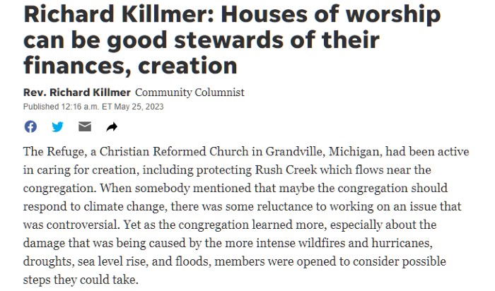 Holland Sentinel article: Houses of worship can be good stewards of their finances, creation